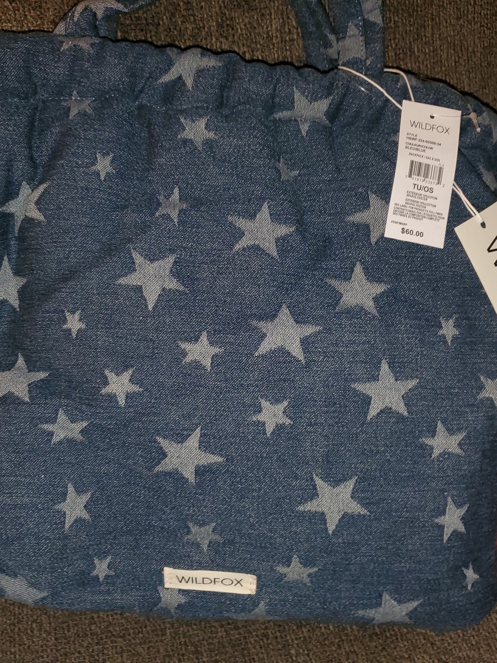 Wildfox Blue Denim With Gray Star Drawstring Tote/backpack - Picture 6 of 6